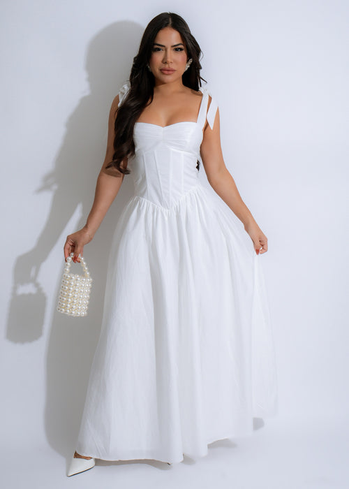 Radiant Romance Maxi Dress White - Front view of elegant white dress with floral lace details and flowing silhouette