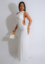 Dual Elegance Maxi Dress White - Front view of elegant white dress with intricate lace detailing and flowy skirt, perfect for formal events and special occasions