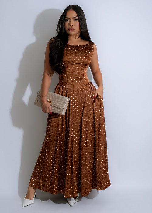 Brown satin midi dress with polka dot print and ruffle hem