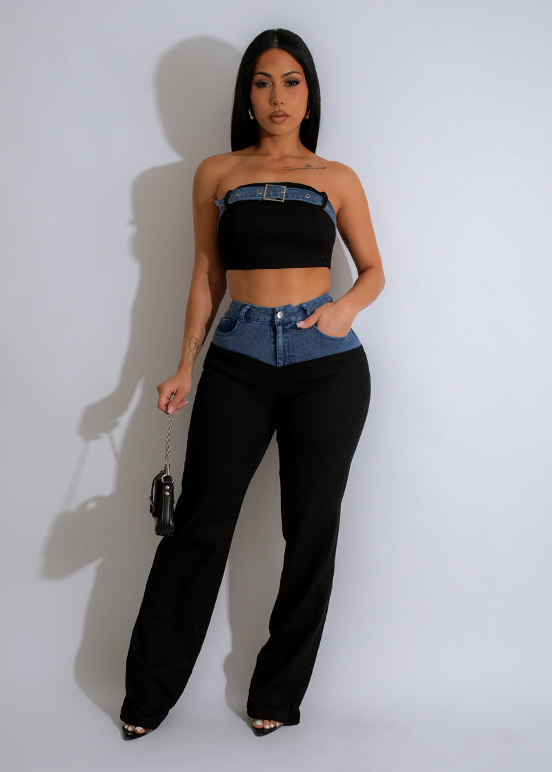 Stylish black Contrast Chic Duo Pant Set with matching top and bottoms for a sophisticated look