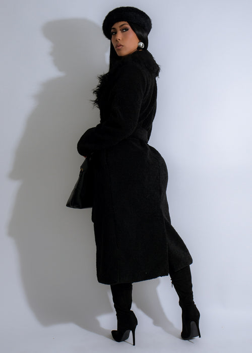  Elegant and sophisticated Nightfall Plush Coat Black, perfect for cold weather fashion