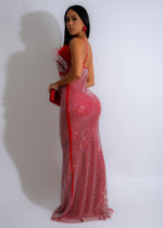 Full-length image of woman wearing Glamour Mirage Rhinestones Maxi Dress Red with stunning rhinestone embellishments