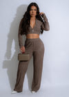 Two-piece brown Textured Tranquility Pant Set with matching top and bottoms, perfect for lounging or casual wear