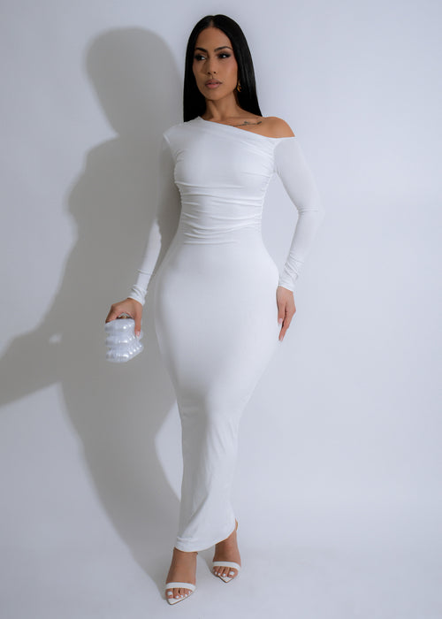 Effortless Elegance Ruched Maxi Dress White - Front view of flowing, white dress with ruched detailing and elegant silhouette 