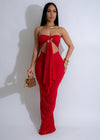 Beautiful ruched red maxi dress with a striking serpent pattern