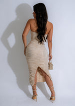 Gorgeous Stellar Allure Sparkles Ruched Midi Dress Nude with stunning sparkles, ruched design, and elegant midi length for a show-stopping look