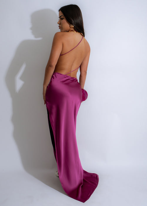 Luxurious long dress with a satin finish in stunning purple shade