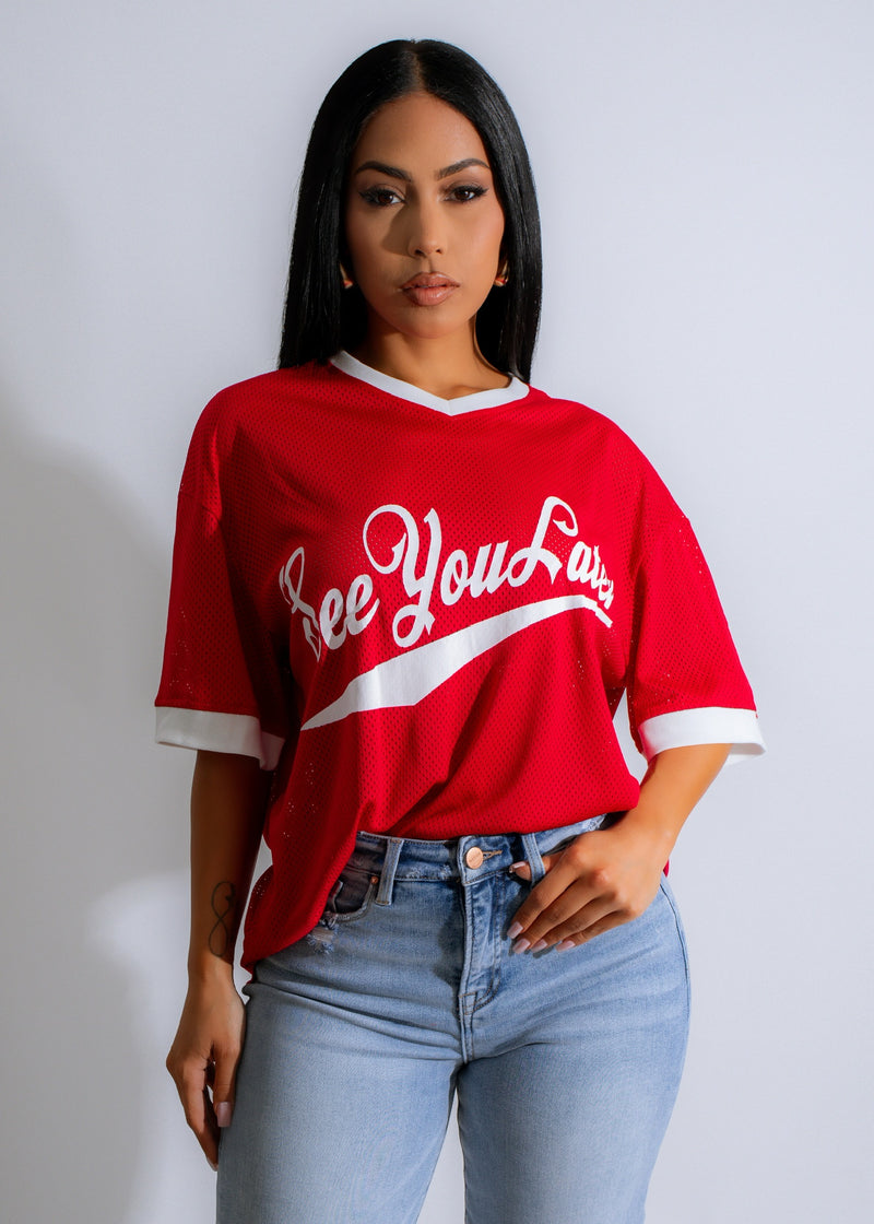 Stylish red jersey top with Game Day Goodbye logo for women