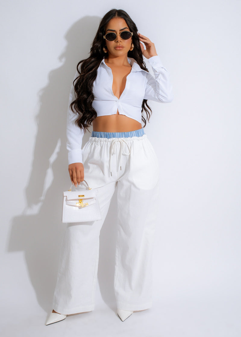 Close-up of Real Girl Stripes Pant White with delicate stitching and comfortable elastic waistband