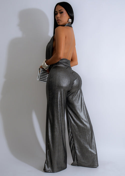 Shimmering Elysian Draped Ruched Pant Set Silver for a glamorous outfit