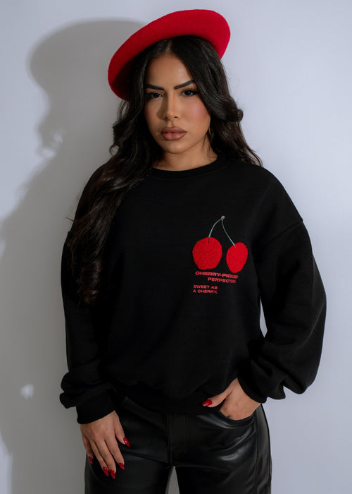 Cherry Crush Sweater Black, front view with cherry embellishments