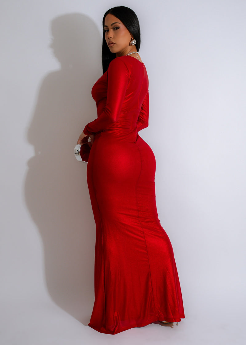  Full-length view of Scarlet Mirage Mesh Maxi Dress Red in vibrant red color with flowing mesh fabric and flattering silhouette