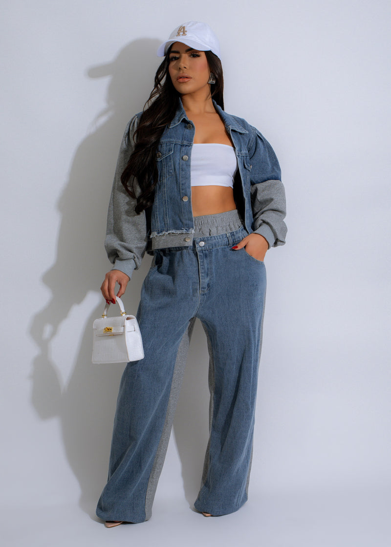 Two-piece grey denim pant set with stylish urban edge design