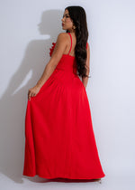 Petal Serenade Floral Maxi Dress Red, a beautiful red dress adorned with intricate floral patterns and a graceful maxi length hem