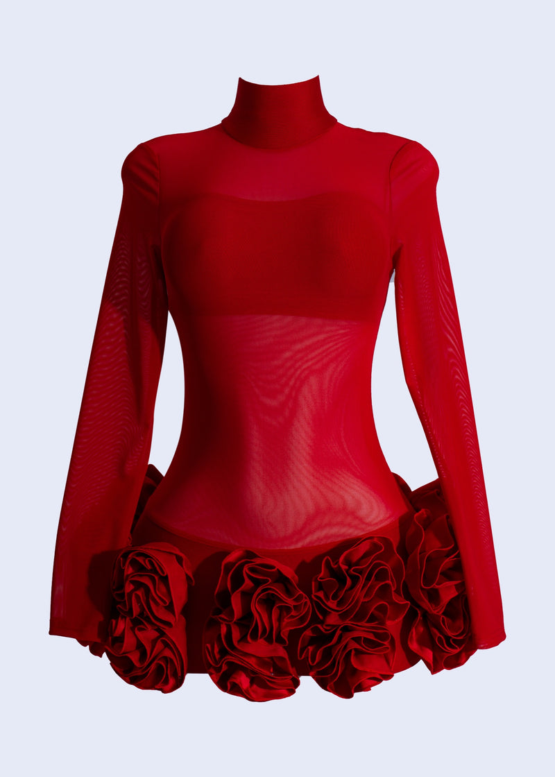 Stunning red mesh floral mini dress with intricate detailing and a flattering silhouette for a romantic Sunday affair