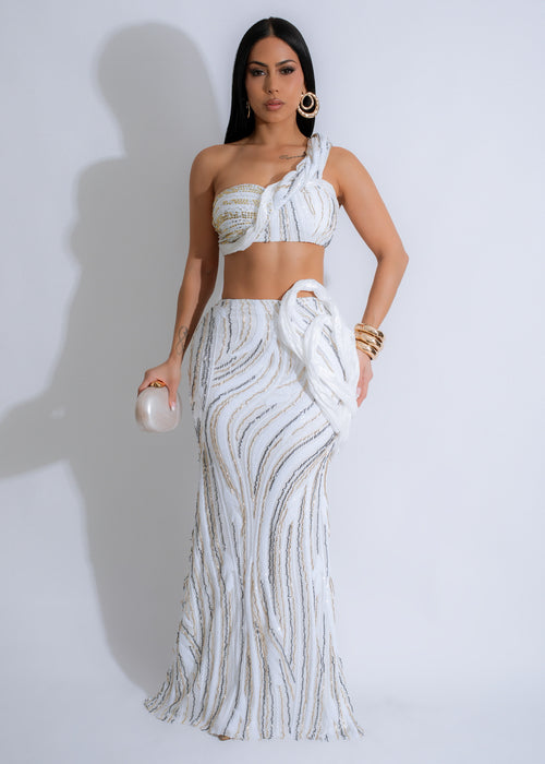 Opulent Waves Sequin Mesh Skirt Set White, a stylish and elegant outfit for special occasions