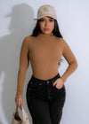 Radiant Contour Ribbed Bodysuit Brown, front view with criss-cross neckline and ribbed texture