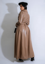 Close-up of Cityscape Elegance Faux Leather Skirt Set Brown fabric and stitching details