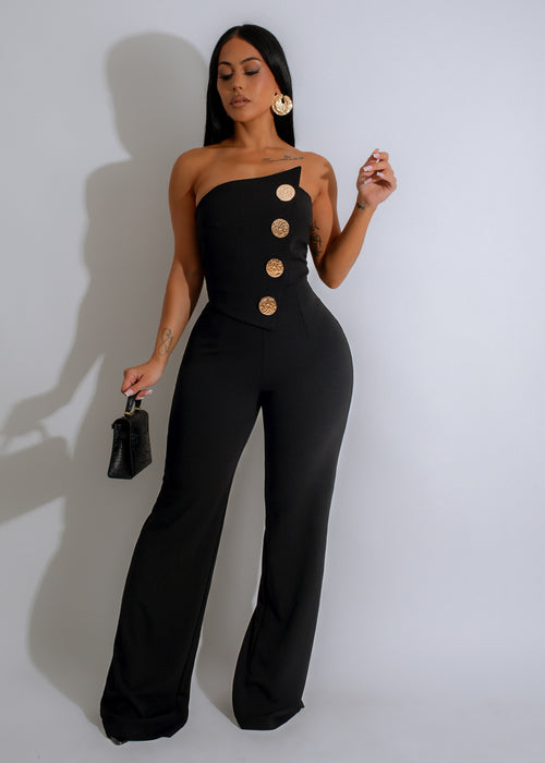 Regal Ascent Jumpsuit Black: A stylish, form-fitting black jumpsuit with a flattering neckline and tapered legs, perfect for any formal occasion or night out 