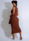 Stylish Aria Keyhole Knit Ribbed Midi Dress in flattering brown color