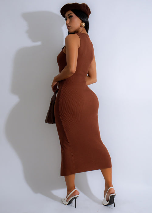 Stylish Aria Keyhole Knit Ribbed Midi Dress in flattering brown color