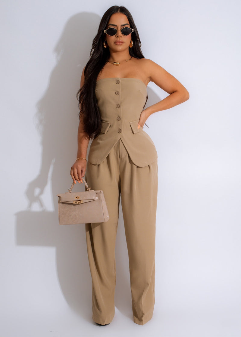 Two-piece Paris Show Pant Set in elegant nude color for women's fashion 