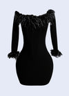 Elegant black mini dress with starlit plume design and chic silhouette