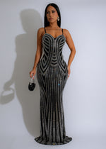 Close-up of the Celestial Radiance Rhinestones Maxi Dress Black on model at sunset