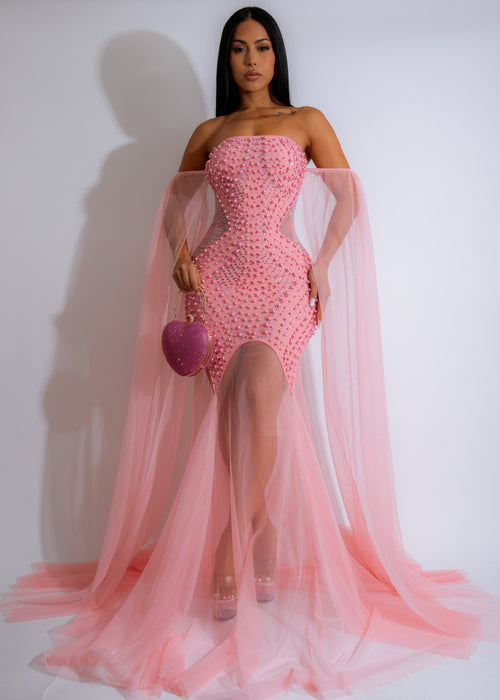 Close-up of stunning pink rhinestone maxi dress with sparkling details