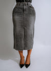 Stonewashed Stunner Skirt Dark Denim: A high-waisted, A-line denim skirt with a distressed, vintage look