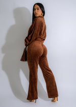 Dark brown velvet pant set with luxurious texture and elegant silhouette