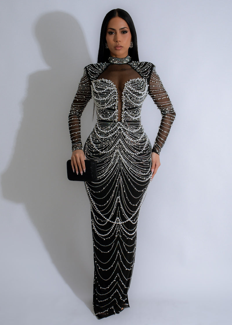 Pearlescent Dream Rhinestone Mesh Maxi Dress Black, a stunning evening gown with dazzling rhinestones and a flowing silhouette perfect for special occasions or red carpet events