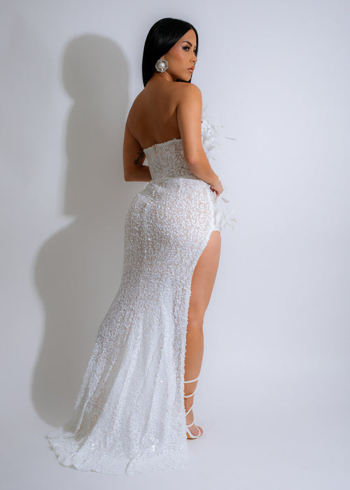 Elegant Celestial Plume Mesh Pearl Maxi Dress White, side view, close-up of pearl details