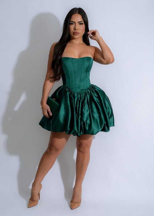 Sugar Plum Satin Mini Dress Green with V-neck and ruffled sleeves, perfect for cocktail parties or special occasions