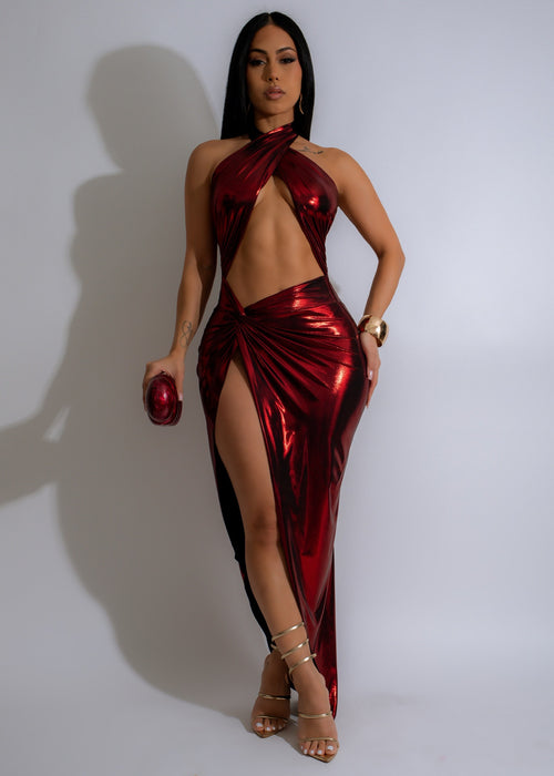 Stunning red Lunar Allure Metallic Maxi Dress with flattering silhouette