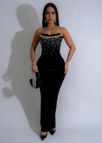 Elegant black velvet maxi dress with rhinestone embellishments