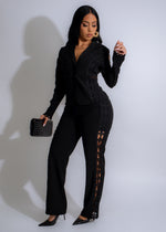 Lace cutout power pant set in black, perfect for a sleek and stylish look for any occasion