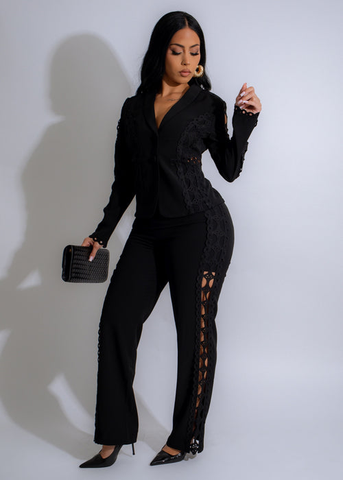 Lace cutout power pant set in black, perfect for a sleek and stylish look for any occasion