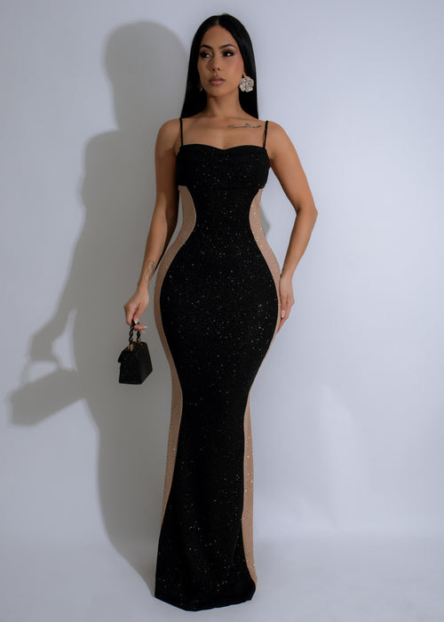 Eclipse Hourglass Maxi Dress Black - Front view of elegant black maxi dress with hourglass silhouette and flowy skirt 