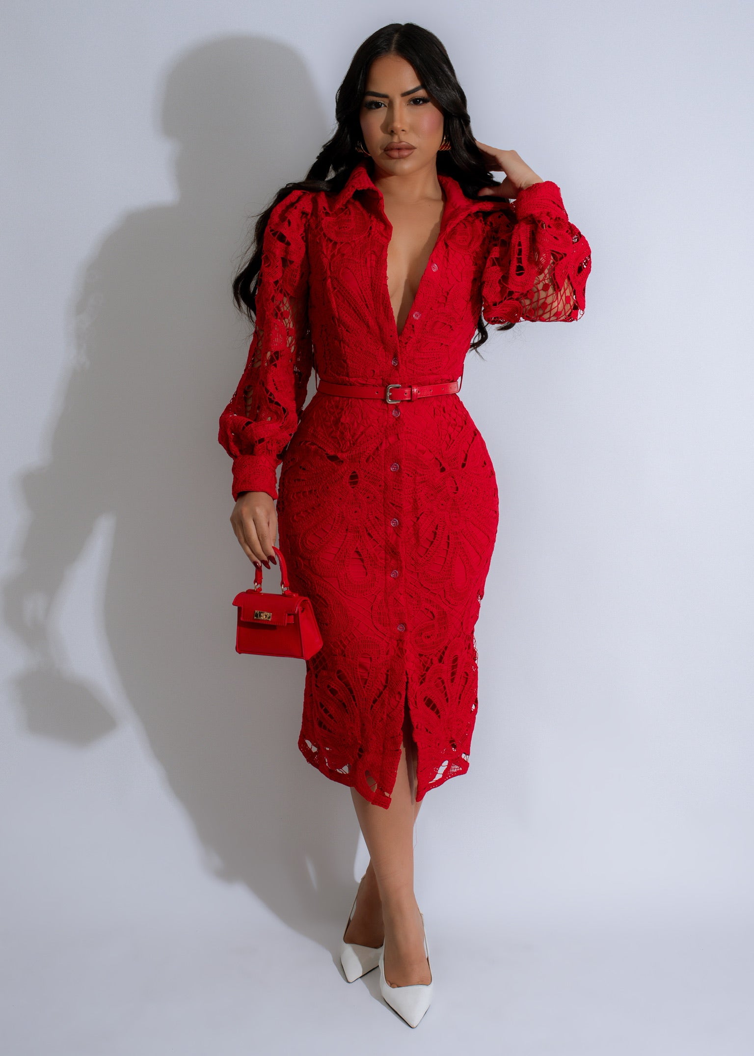 Red lace wrap dress on sale