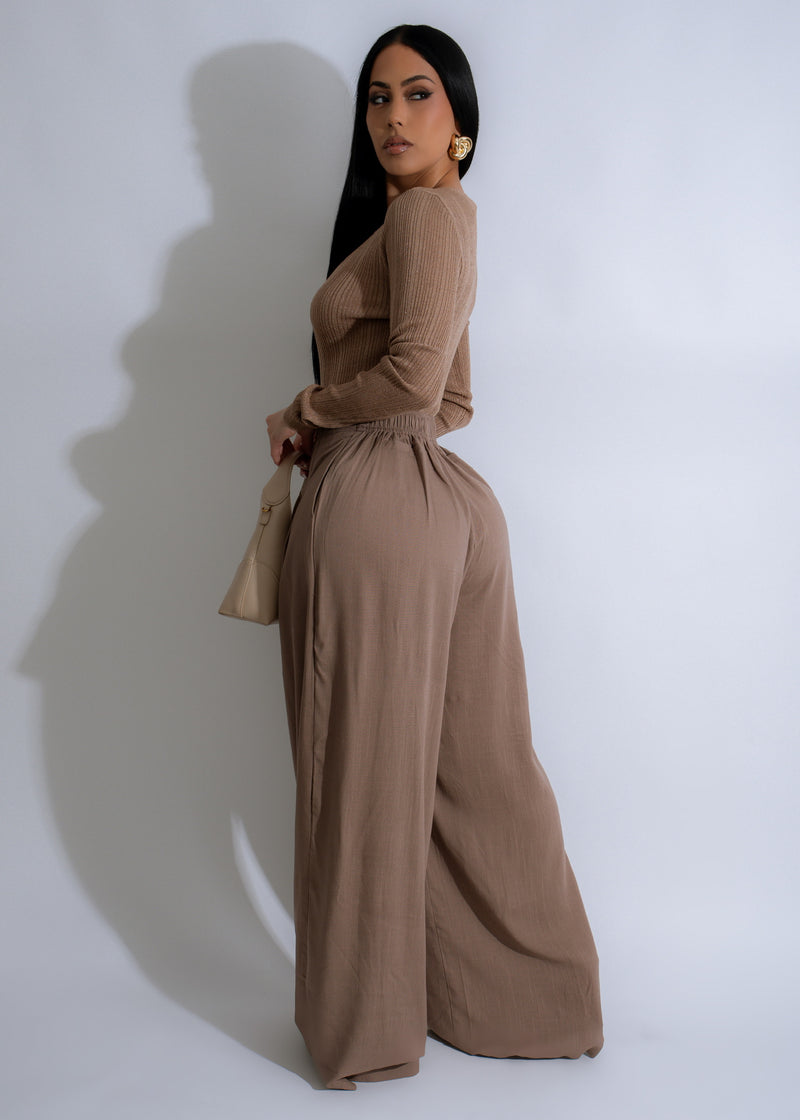  Full-length view of Serene Flow Ribbed Linen Pant Set in luxurious brown hue, showcasing the elegant drape and flow of the soft, breathable linen fabric