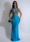 Twisted Elegance Skirt Set Blue - Front view of blue skirt with matching top, featuring intricate twisted designs and elegant details 