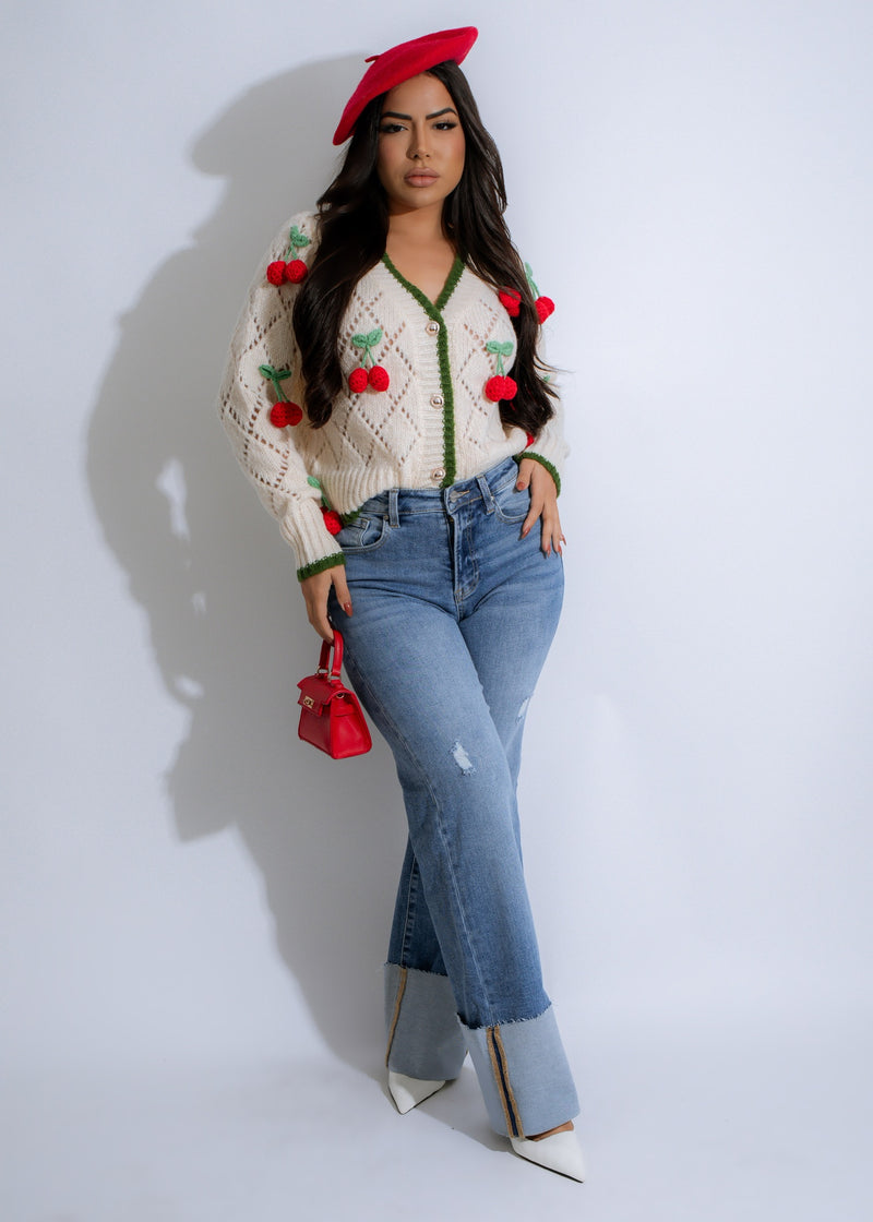 Beautiful Cherry Blossom Knit Sweater White, with delicate floral accents