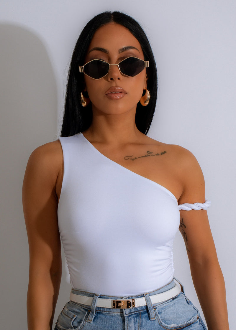 Ruched crop top in white with twisted detailing and adjustable straps