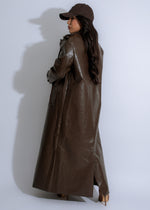 Stylish and durable Vanguard Trench Faux Leather Coat in rich brown color