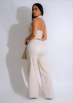 Opal Dusk Faux Leather Cargo Pant Set Nude, back view, detail of cargo pockets and belt