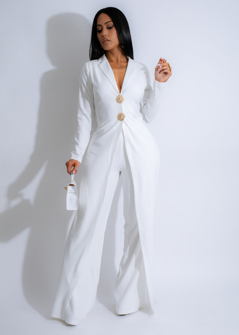 Black Tie Glam Jumpsuit White, featuring a sleek, tailored silhouette with a plunging neckline and wide-leg pants, perfect for formal events or special occasions 