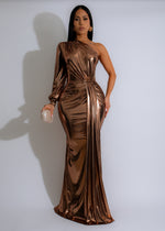 Shimmering gold metallic ruched maxi dress with a gilded glow