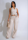 Opal Dusk Faux Leather Cargo Pant Set Nude, front view, full outfit on model