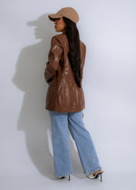 Fashionable and chic brown faux leather jacket with a sleek silhouette